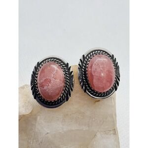 Vintage Southwestern Sterling Silver Rhodochrosite Stud Earrings Pink Cabochon